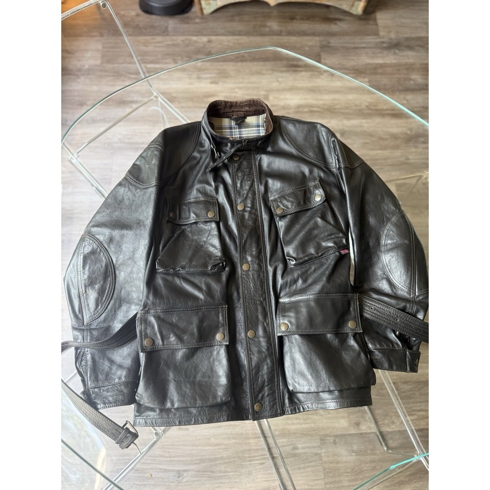 Vintage Belstaff Dark Brown Leather Belted Motorcycle Biker Jacket Men's L Sharp